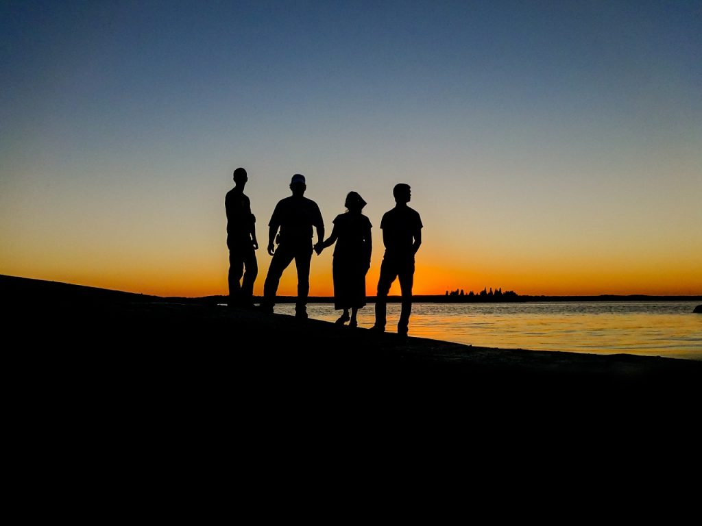 people, silhouettes, sunset