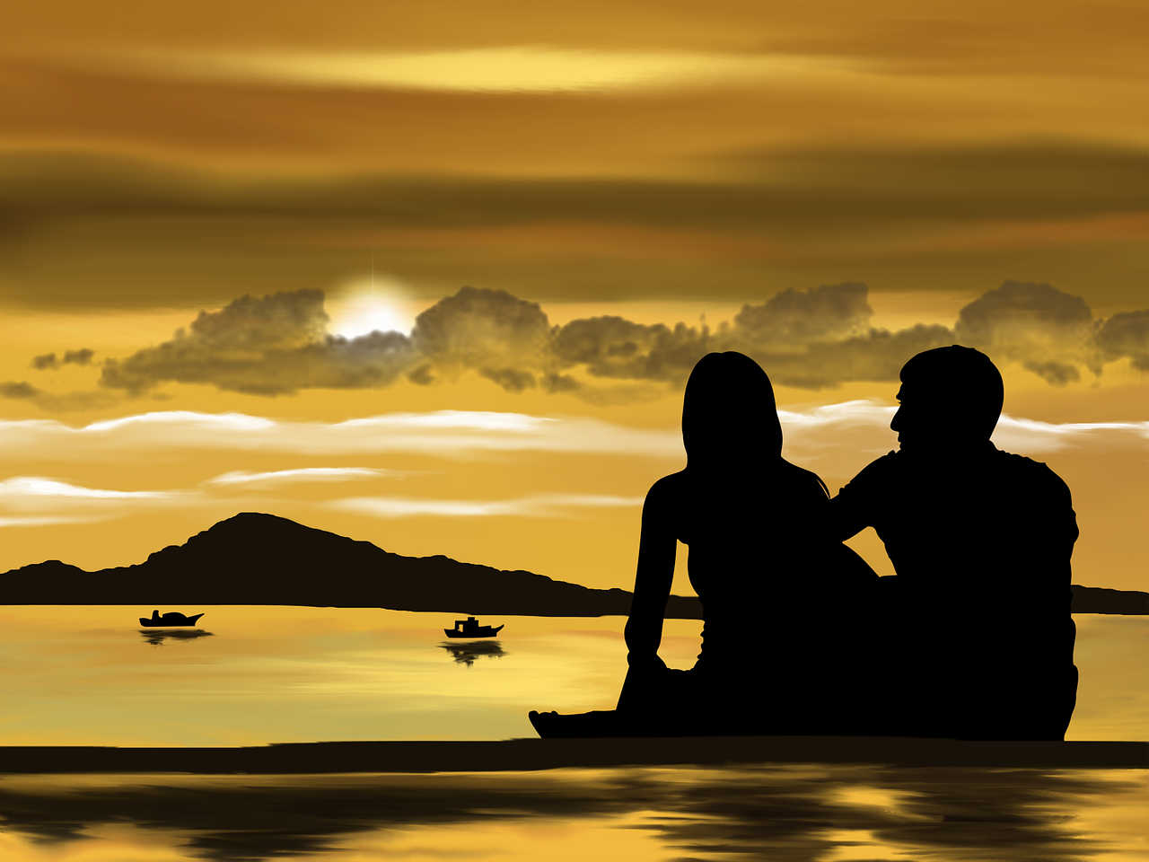 digital art, couple, silhouettes